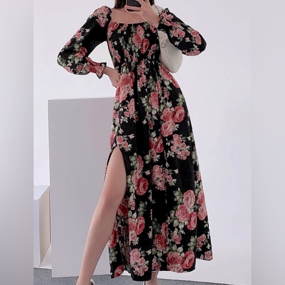 Black & Floral Dress with Long Sleeves and Thigh-Slits Size XL